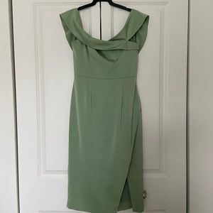 NBD sage green off shoulder midi slit dress S